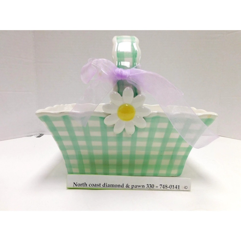 Teleflora Ceramic Basket Green Gingham Check Daisy Flower Easter Planter DW84